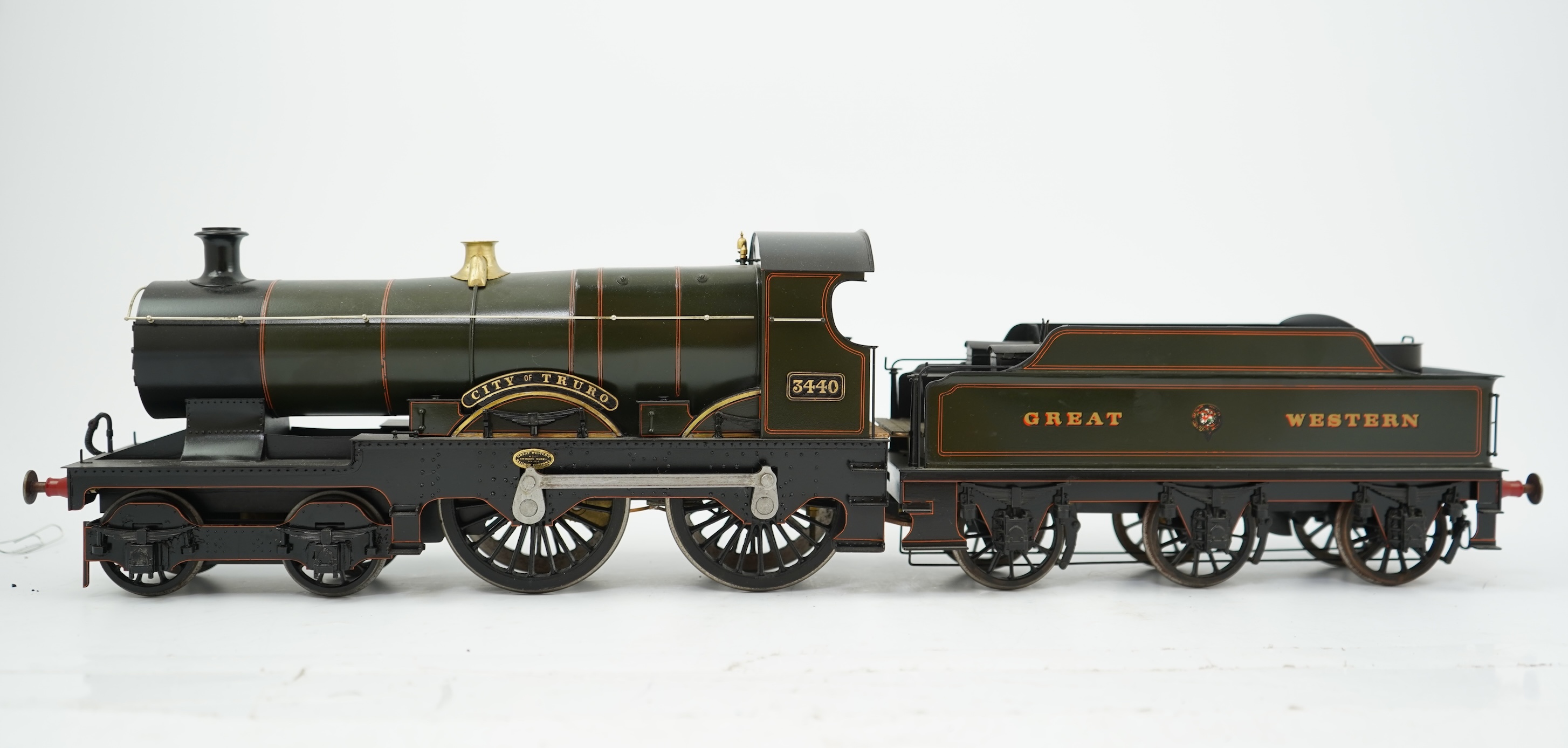 A Gauge One Cherry Scale Models (No. 60) model of GWR Class 37xx City of Truro 3440, 4-4-0 tender locomotive, powered for two rail operation.